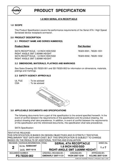 Molex 1.8‑Inch Serial ATA Receptacle Datasheet - cover page