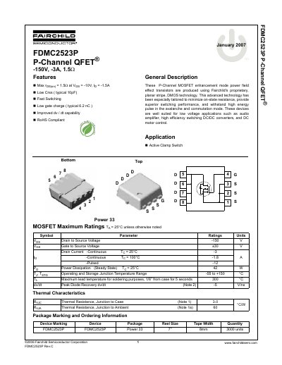 Fairchild Semiconductor FDMC2523P P-Channel QFET Datasheet - cover page