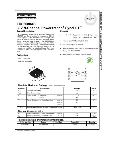 Fairchild Semiconductor FDS6680AS 30V N-Channel PowerTrench SyncFET Datasheet - cover page
