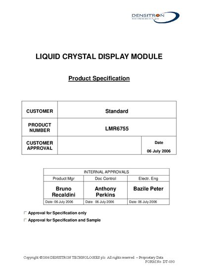 DENSITRON - Copyright 2006 DENSITRON TECHNOLOGIES plc. All rights reserved. Proprietary Data FORM No. DT-030 handbook - cover page