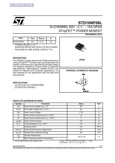 STMicroelectronics STD10NF06L N-Channel MOSFET Preliminary Data Sheet - cover page