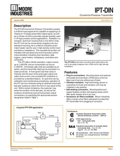Moore Industries IPT-DIN Current-to-Pressure Transmitter Datasheet - cover page