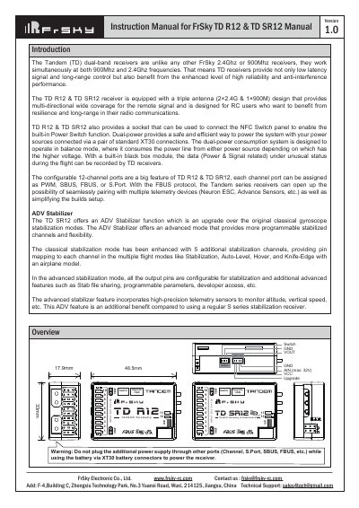 FrSky TD R12 and TD SR12 Dual-Band Receiver Instruction Manual - cover page