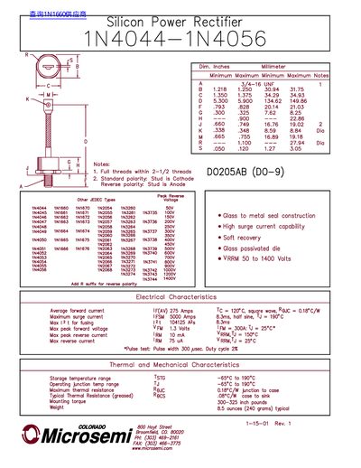 Microsemi 1N4044-1N4056 Power Rectifier Datasheet - cover page