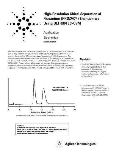 Agilent ULTRON ES-OVM Chiral Separation of Fluoxetine Application Note - cover page