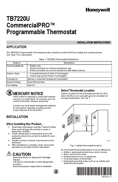 Honeywell TB7220U Programmable Thermostat Installation Guide - cover page