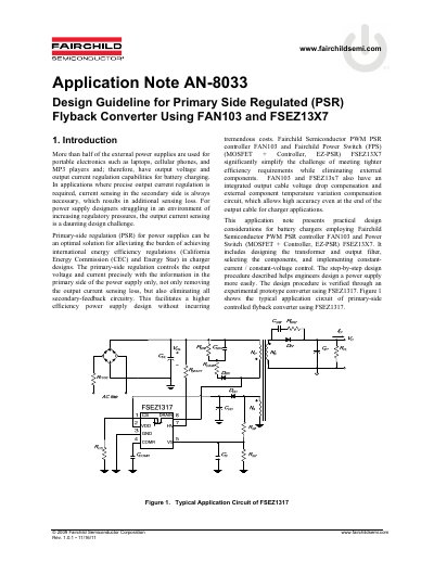 Design Guideline for PSR Flyback Converter Using FAN103 and FSEZ13X7