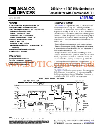 Analog Devices ADRF6807 700 MHz to 1050 MHz Quadrature Demodulator Data Sheet - cover page