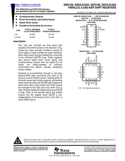 TEXAS INSTRUMENTS SN54165 SN54LS165A SN74165 SN74LS165A handbook - cover page