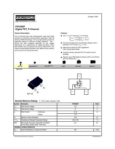 Fairchild FDV302P Digital FET P-Channel Datasheet - cover page