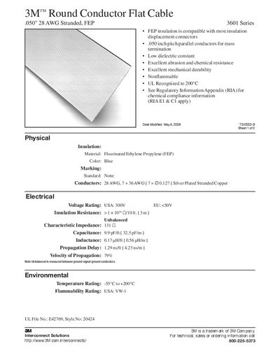 3M 3601 Series Round Conductor Flat Cable Product Data Sheet - cover page