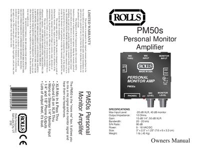 Rolls PM50s Personal Monitor Amplifier Owner's Manual - cover page