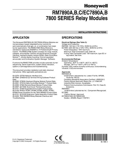 Honeywell RM7890A/B/C EC7890A/B 7800 Series Relay Modules Installation Guide