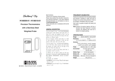 Hanna Instruments HI 98509-01/98510-01 Precision Thermometers Instruction Manual - cover page