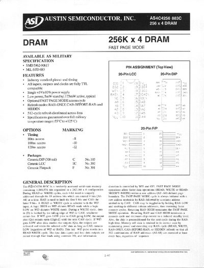 Austin Semiconductor AS4C4256 883C 256K x 4 DRAM Fast Page Mode Datasheet - cover page