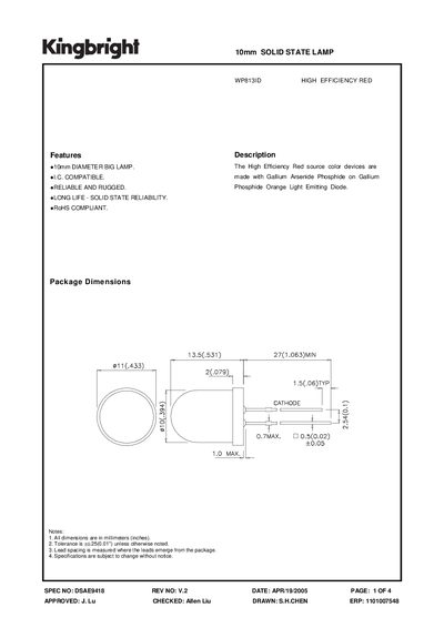 Kingbright WP813ID High Efficiency Red Datasheet - cover page