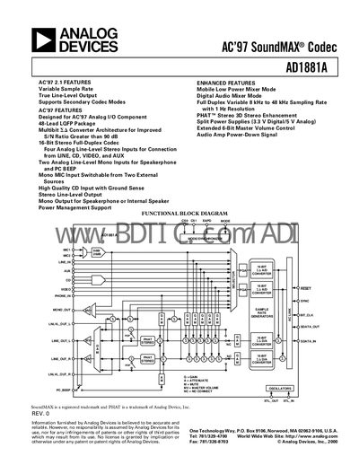 Analog Devices AD1881A AC’97 Codec Datasheet - cover page