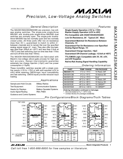 Maxim MAX381/MAX383/MAX385 Precision Low-Voltage Analog Switches Datasheet
