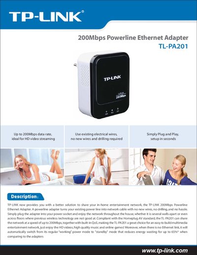 TP-LINK TL-PA201 200Mbps Powerline Ethernet Adapter Manual - cover page