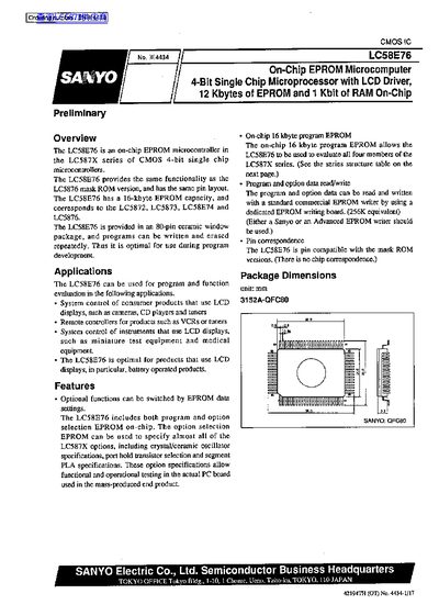 Sanyo LC58E76 On-Chip EPROM Microcomputer Datasheet - cover page