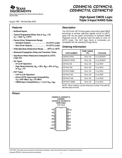 Texas Instruments CD54HC10 / CD74HC10 / CD54HCT10 / CD74HCT10 Triple 3-Input NAND Gate Datasheet - cover page