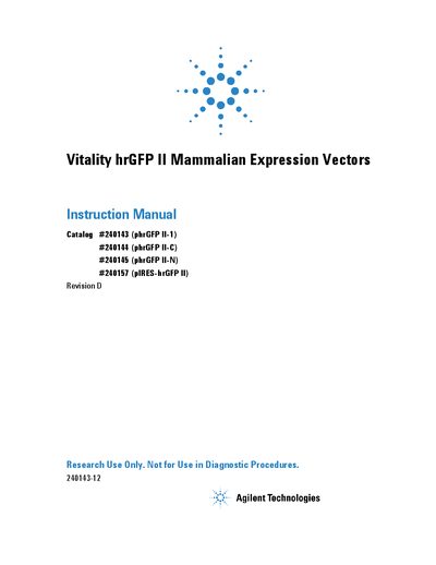 Agilent Vitality hrGFP II Mammalian Expression Vectors Instruction Manual - cover page