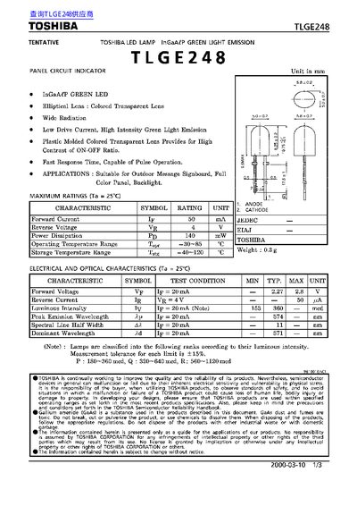 Toshiba TLGE248 LED Lamp Datasheet - cover page