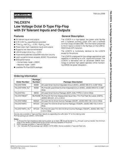 Fairchild 74LCX574 Low Voltage Octal D-Type Flip-Flop Datasheet - cover page
