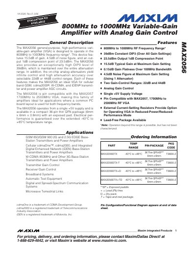 Maxim Integrated MAX2056 Variable-Gain Amplifier Datasheet - cover page