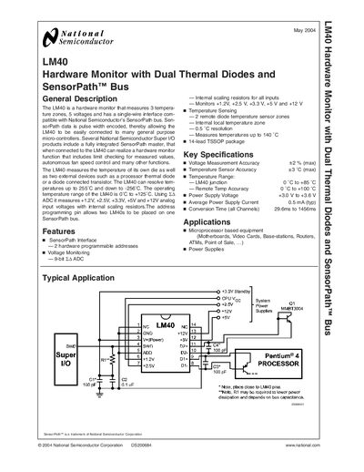 National Semiconductor LM40 Hardware Monitor with Dual Thermal Diodes SensorPath Bus Handbook - cover page