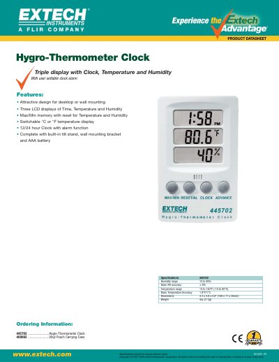 Extech 445702 Hygro-Thermometer Clock - cover page