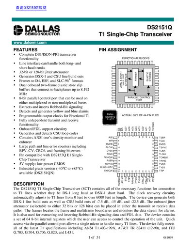Dallas Semiconductor DS2151Q T1 Single-Chip Transceiver Datasheet - cover page