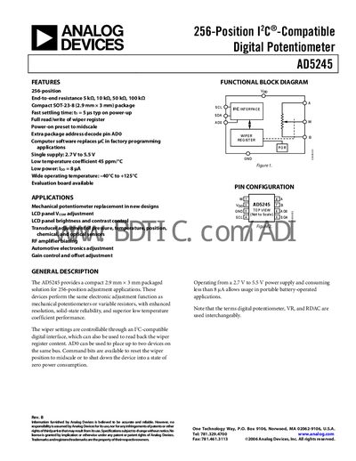 Analog Devices AD5245 Digital Potentiometer Datasheet - cover page