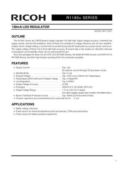Ricoh R1180x Series LDO Regulator Datasheet - cover page