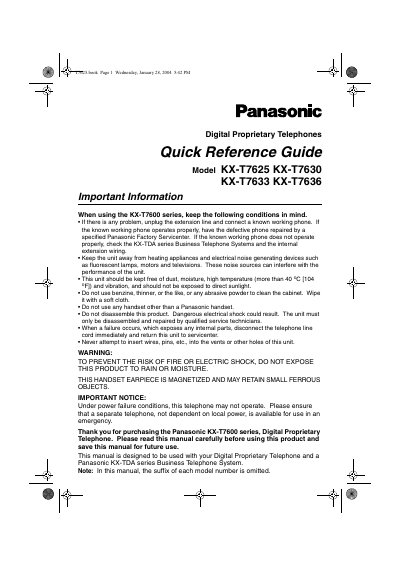 Panasonic KX-T7625 / KX-T7630 / KX-T7633 / KX-T7636 Digital Proprietary Telephone Quick Reference Guide