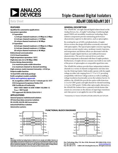 Analog Devices ADuM1300/ADuM1301 Data Sheet - cover page