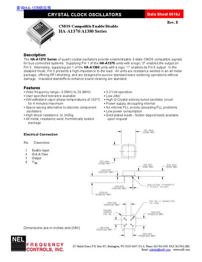 NEL HA-A1370/A1380 Series CMOS Compatible Enable/Disable Oscillator Datasheet - cover page