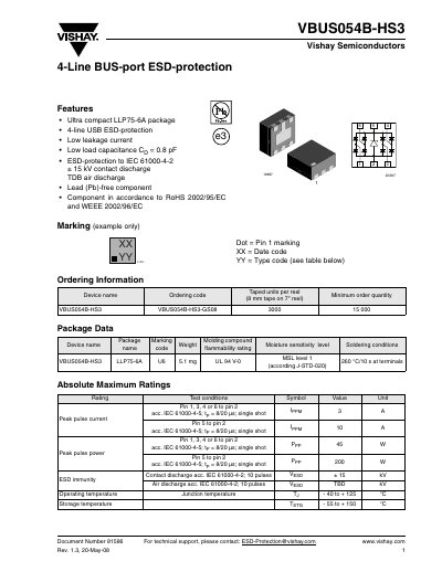 Vishay VBUS054B-HS3 ESD Protection Device Datasheet - cover page