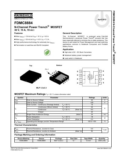 Fairchild Semiconductor FDMC8884 N-Channel Power Trench MOSFET Datasheet - cover page