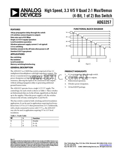 Analog Devices ADG3257 Bus Switch Datasheet - cover page