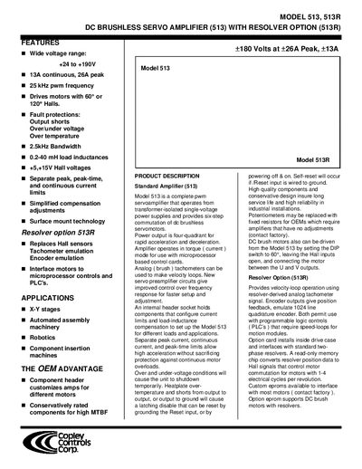 Copley 513/513R Brushless Servo Amplifier Datasheet - cover page