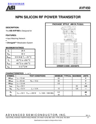 ASI AVF450 NPN Silicon RF Power Transistor Datasheet - cover page