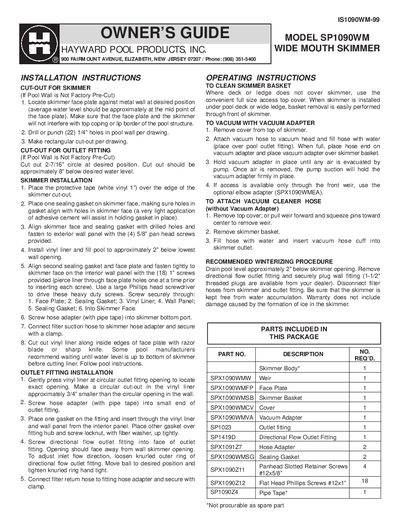 Hayward SP1090WM Wide Mouth Skimmer Owner's Guide - cover page