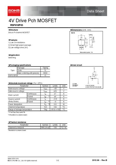 ROHM RSF010P05 P-Channel MOSFET Datasheet - cover page