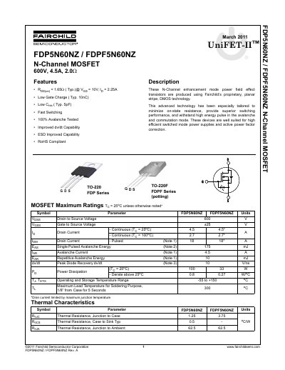 Fairchild FDP5N60NZ/FDPF5N60NZ N-Channel MOSFET Datasheet - cover page