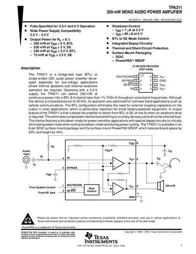 TEXAS INSTRUMENTS TPA311 350-mW MONO AUDIO POWER AMPLIFIER handbook - cover page