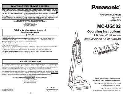 Panasonic SD7200/MC-UG502 Vacuum Cleaner Operating Instructions - cover page