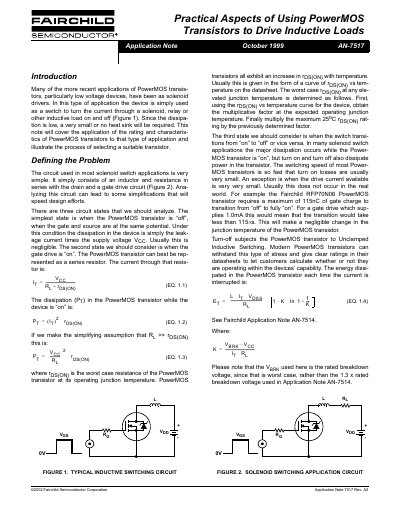 Fairchild Semiconductor AN-7517 Practical Aspects of Using PowerMOS Transistors to Drive Inductive Loads - cover page