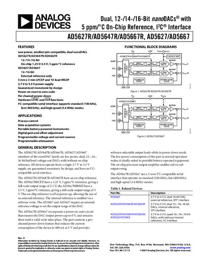Analog Devices AD5627R/AD5647R/AD5667R AD5627/AD5667 Nano DACs Datasheet - cover page