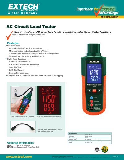 EXTECH CT70 AC Circuit Load Tester Datasheet - cover page
